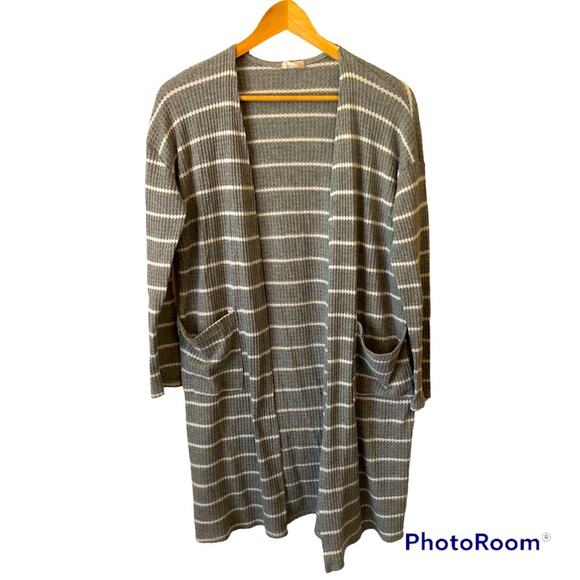 Bibi Striped Cardigan Sweater Long Waffleknit Open Pockets Gray Oversized Cozy - Picture 1 of 5